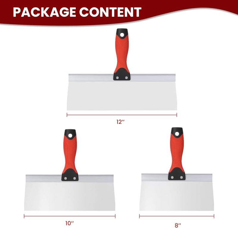 SUMED Drywall Taping Knife Stainless Steel, 3 PCS Taping Knives, 8"/10"/12" Premium Drywall Skimming Blades,Perfect Tool for Finishing and Patching - Image 2